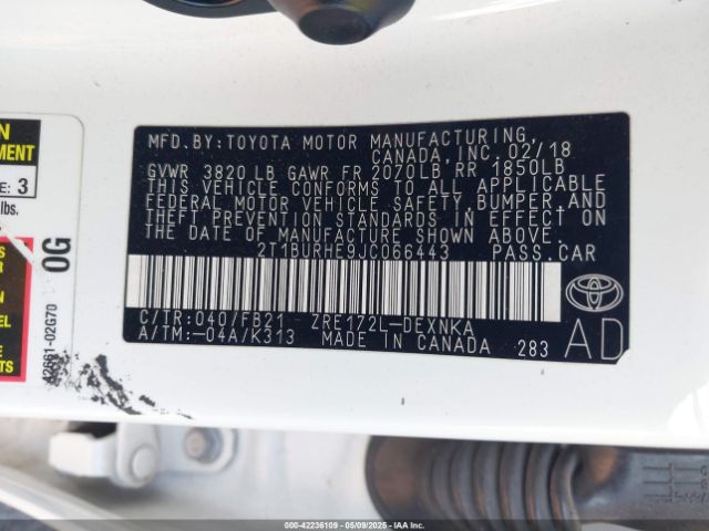 2T1BURHE9JC066443 Toyota COROLLA LE