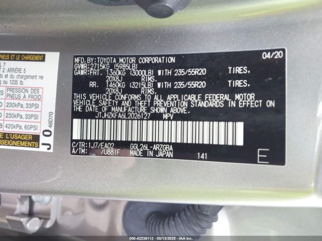 JTJHZKFA6L2026127 Lexus Rx 350l