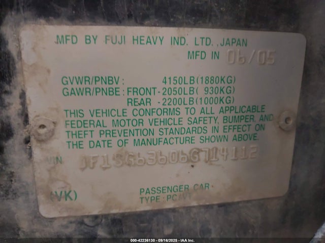 2006 Subaru Forester 2.5x მანქანა იყიდება აუქციონზე, vin: JF1SG63606G714112, აუქციონის ნომერი: 42236130