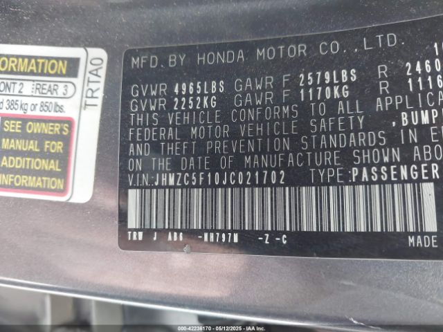 2018 HONDA CLARITY PLUG-IN HYBRID JHMZC5F10JC021702 Photo 8