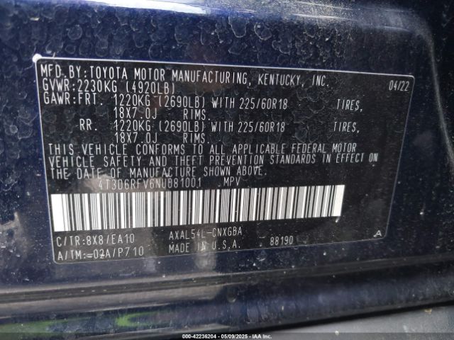 4T3D6RFV6NU081001 Toyota Rav4 Hybrid Limited