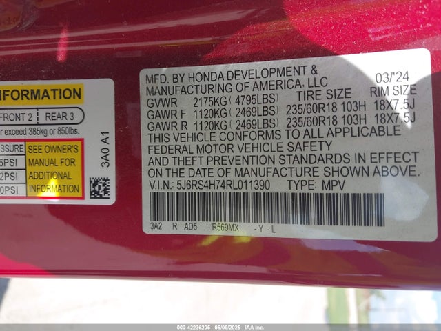 5J6RS4H74RL011390 Honda Cr-v Ex-l Awd