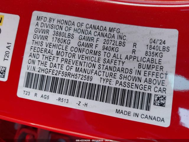 2024 HONDA CIVIC 2HGFE2F59RH572589 Photo 8