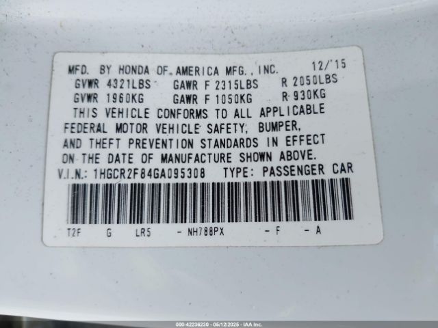 1HGCR2F84GA095308 Honda Accord Ex-l