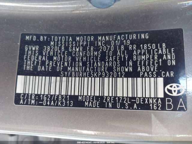 5YFBURHE5KP932012 Toyota COROLLA LE