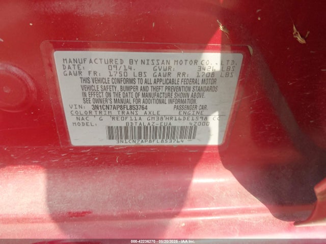 3N1CN7AP8FL853764 Nissan Versa 1.6 S+