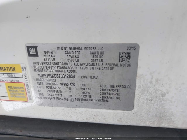 1GKKRRKD5FJ312034 GMC Acadia Slt-1