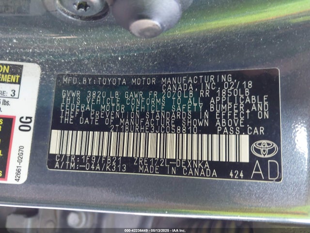 2T1BURHE3JC058810 Toyota COROLLA LE