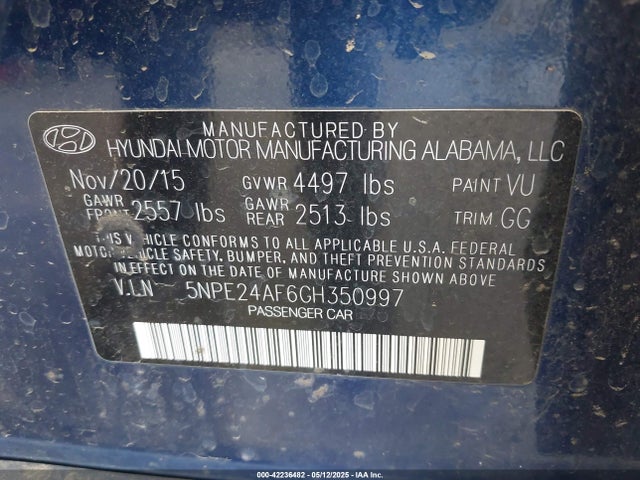 5NPE24AF6GH350997 Hyundai SONATA SE