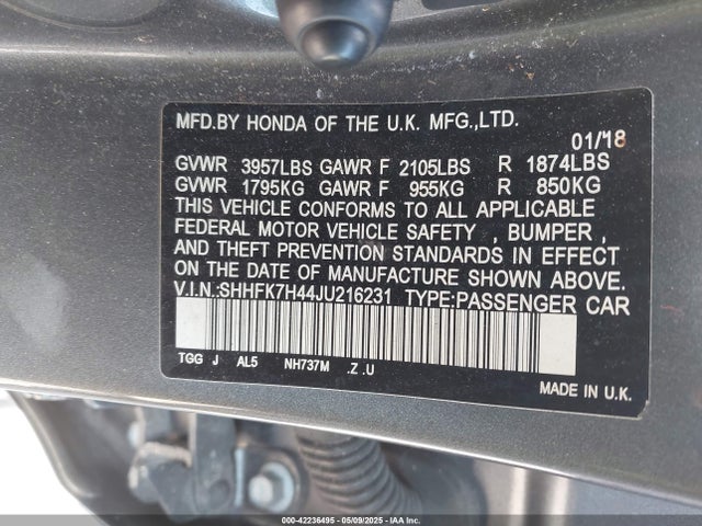 SHHFK7H44JU216231 Honda Civic Sport