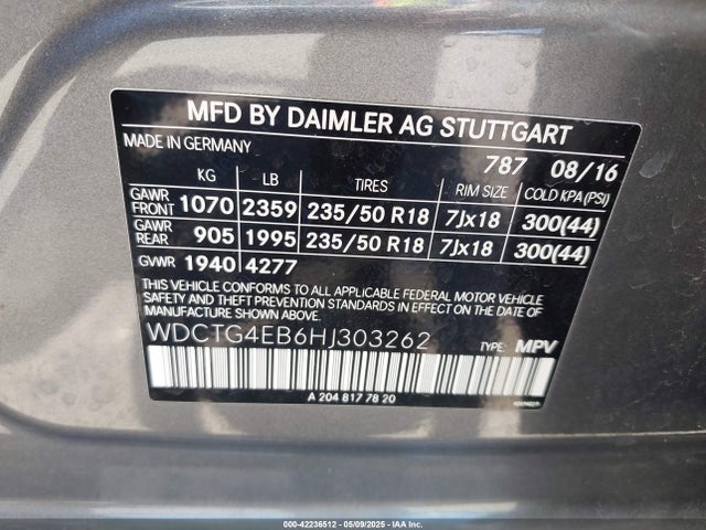 WDCTG4EB6HJ303262 Mercedes-Benz GLA 250