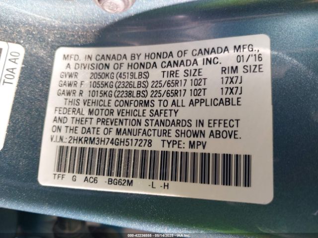 2HKRM3H74GH517278 Honda Cr-v Ex-l