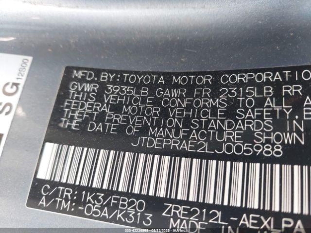 JTDEPRAE2LJ005988 Toyota COROLLA LE