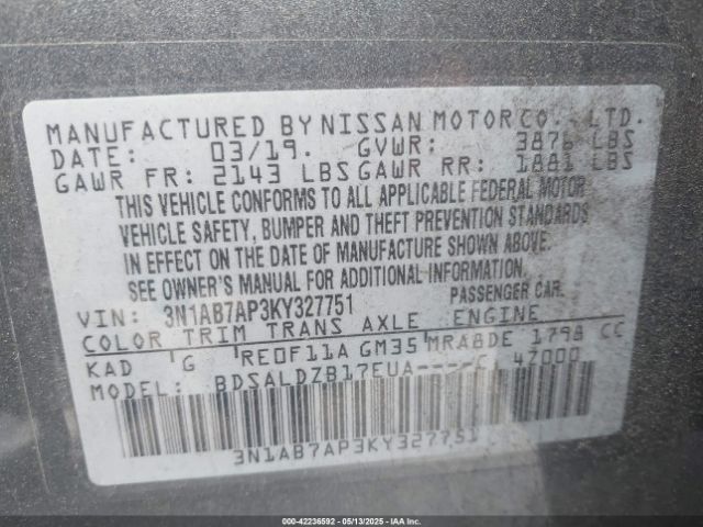 3N1AB7AP3KY327751 Nissan SENTRA SV