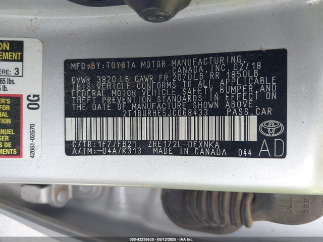 2T1BURHE5JC068433 Toyota COROLLA LE