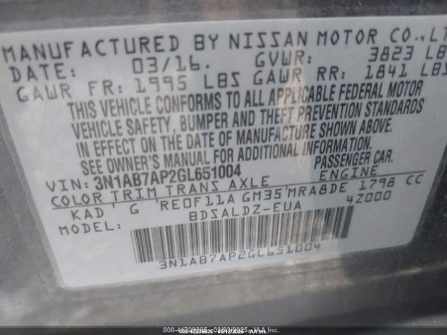 3N1AB7AP2GL651004 Nissan Sentra Fe+ S/s/sl/sr/sv