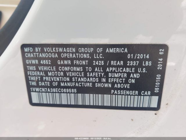 1VWCN7A38EC069585 Volkswagen Passat 2.0l Tdi Sel Premium