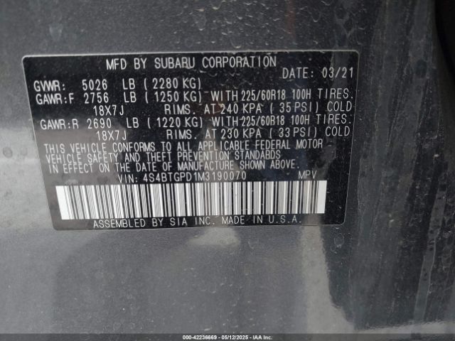4S4BTGPD1M3190070 Subaru Outback Touring Xt