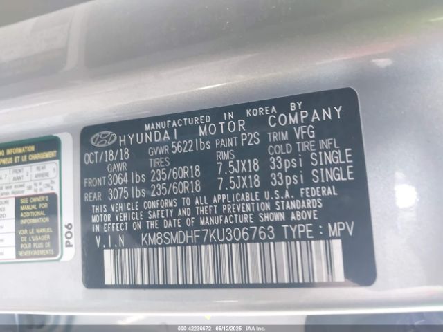 KM8SMDHF7KU306763 Hyundai Santa Fe Xl Se