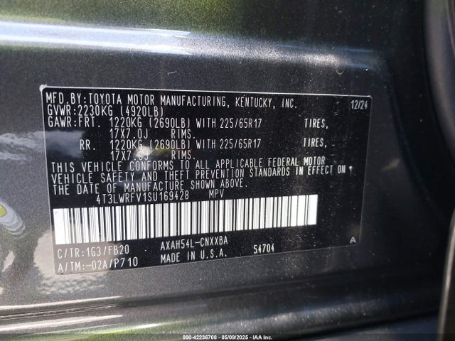 4T3LWRFV1SU169428 Toyota a25a-fxs