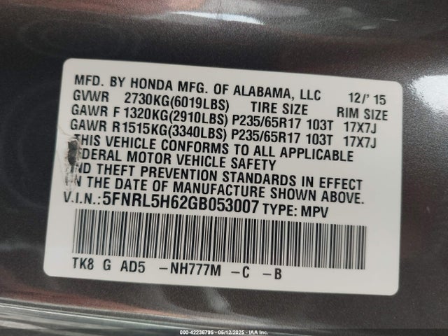 5FNRL5H62GB053007 Honda j35z8