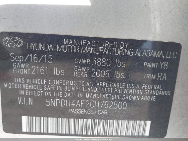 5NPDH4AE2GH762500 Hyundai dohc mpi nu