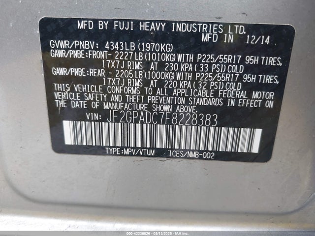 JF2GPADC7F8228383 Subaru Xv Crosstrek 2.0i Premium