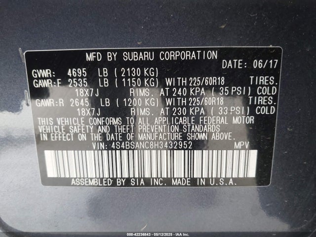 4S4BSANC8H3432952 Subaru Outback 2.5i Limited