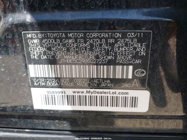 2011 LEXUS IS 350 JTHBE5C29B5027237 Photo 8