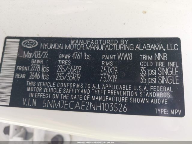 5NMJECAE2NH103526 Hyundai Tucson Limited