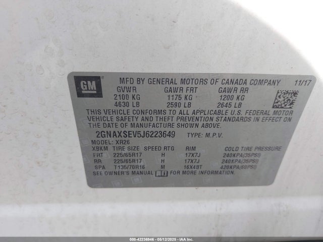 Aukcja sprzedaży 2018 Chevrolet Equinox Lt, vin: 2GNAXSEV5J6223649, numer aukcji: 42236946