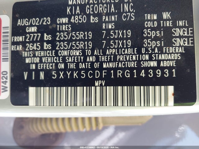 5XYK5CDF1RG143931 KIA gdi theta iii