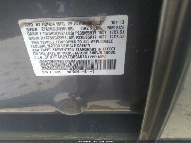 5FNYF4H2XEB004614 Honda PILOT LX
