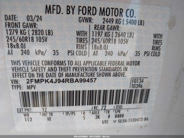 2FMPK4J94RBA99457 Ford EDGE SEL