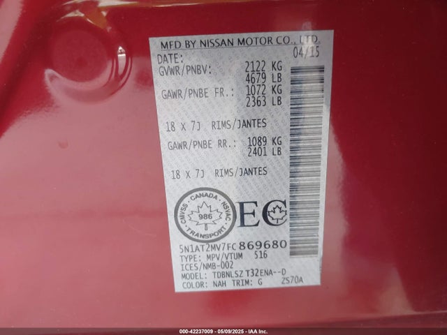 5N1AT2MV7FC869680 Nissan Rogue S/sl/sv