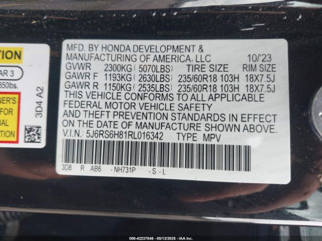 5J6RS6H81RL016342 Honda Cr-v Hybrid Sport-l