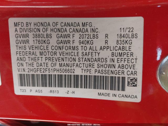 2HGFE2F51PH506602 Honda Civic Sport