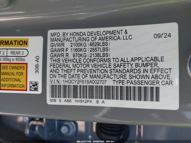 1HGCY2F61SA002707 Honda Accord Hybrid Ex-l