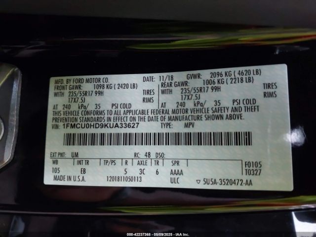1FMCU0HD9KUA33627 Ford ESCAPE SEL