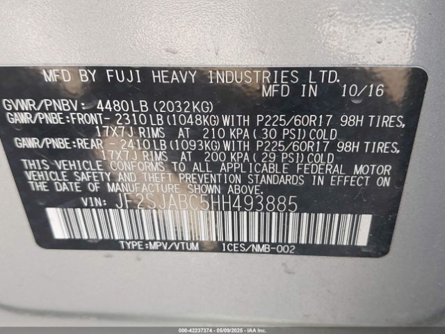 JF2SJABC5HH493885 Subaru naturally aspirated u5