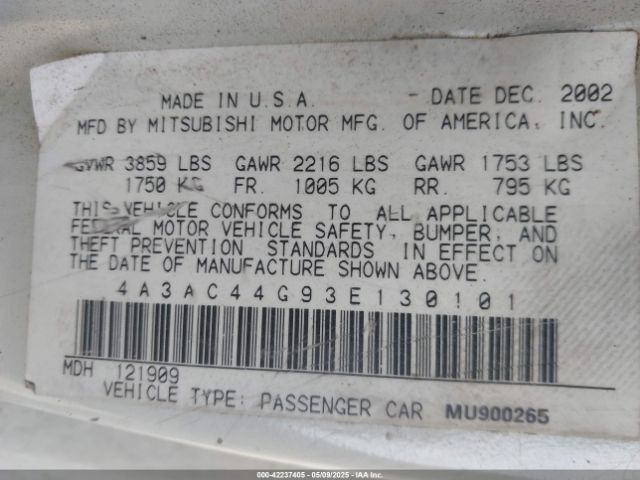 2003 MITSUBISHI ECLIPSE 4A3AC44G93E130101 Photo 8
