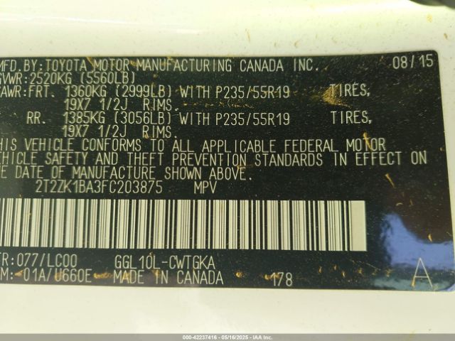 2T2ZK1BA3FC203875 Lexus RX 350
