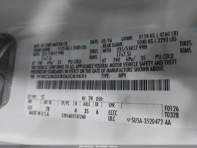 1FMCU9GX9GUC61831 Ford ESCAPE SE