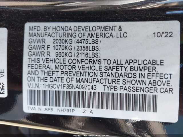 2022 HONDA ACCORD 1HGCV1F35NA097043 Photo 8