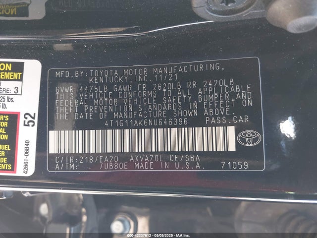 4T1G11AK6NU646396 Toyota a25a-fks