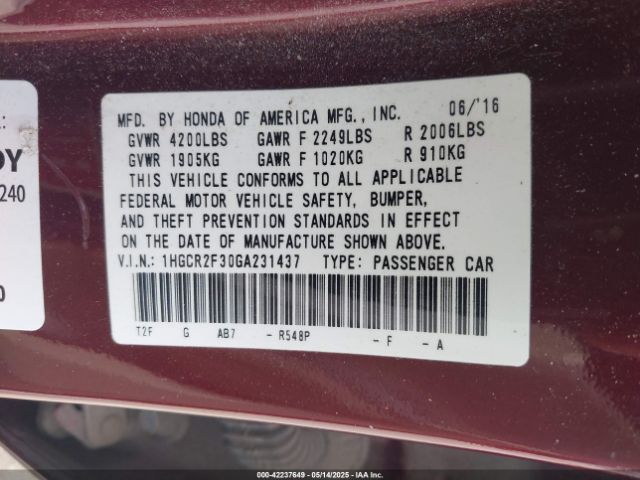 1HGCR2F30GA231437 Honda ACCORD LX