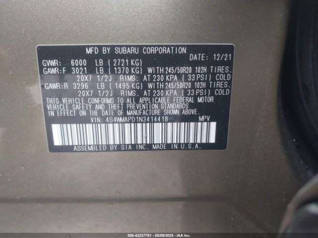 4S4WMAPD1N3414418 Subaru Ascent Limited