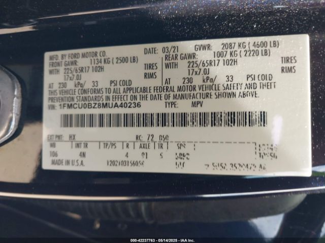 1FMCU0BZ8MUA40236 Ford hev/phev