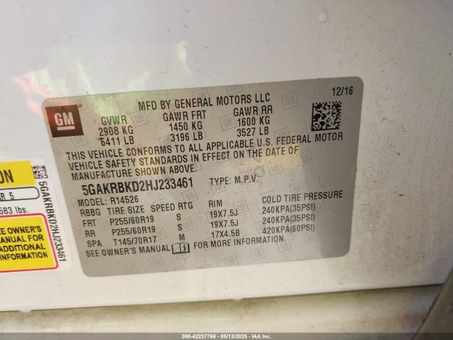 5GAKRBKD2HJ233461 Buick llt - alum, 60 degrees, sidi: spark ignited direct injection