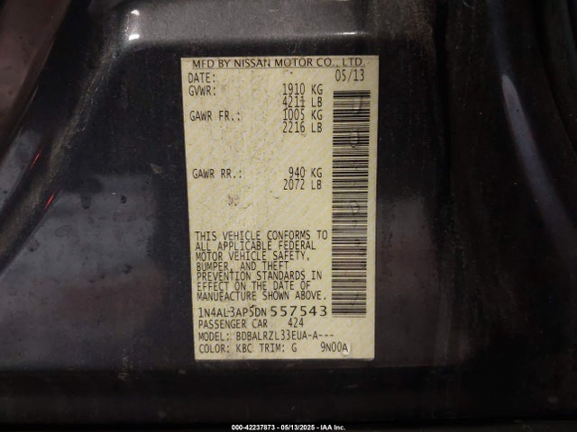 2013 Nissan Altima 2.5 S მანქანა იყიდება აუქციონზე, vin: 1N4AL3AP5DN557543, აუქციონის ნომერი: 42237873
